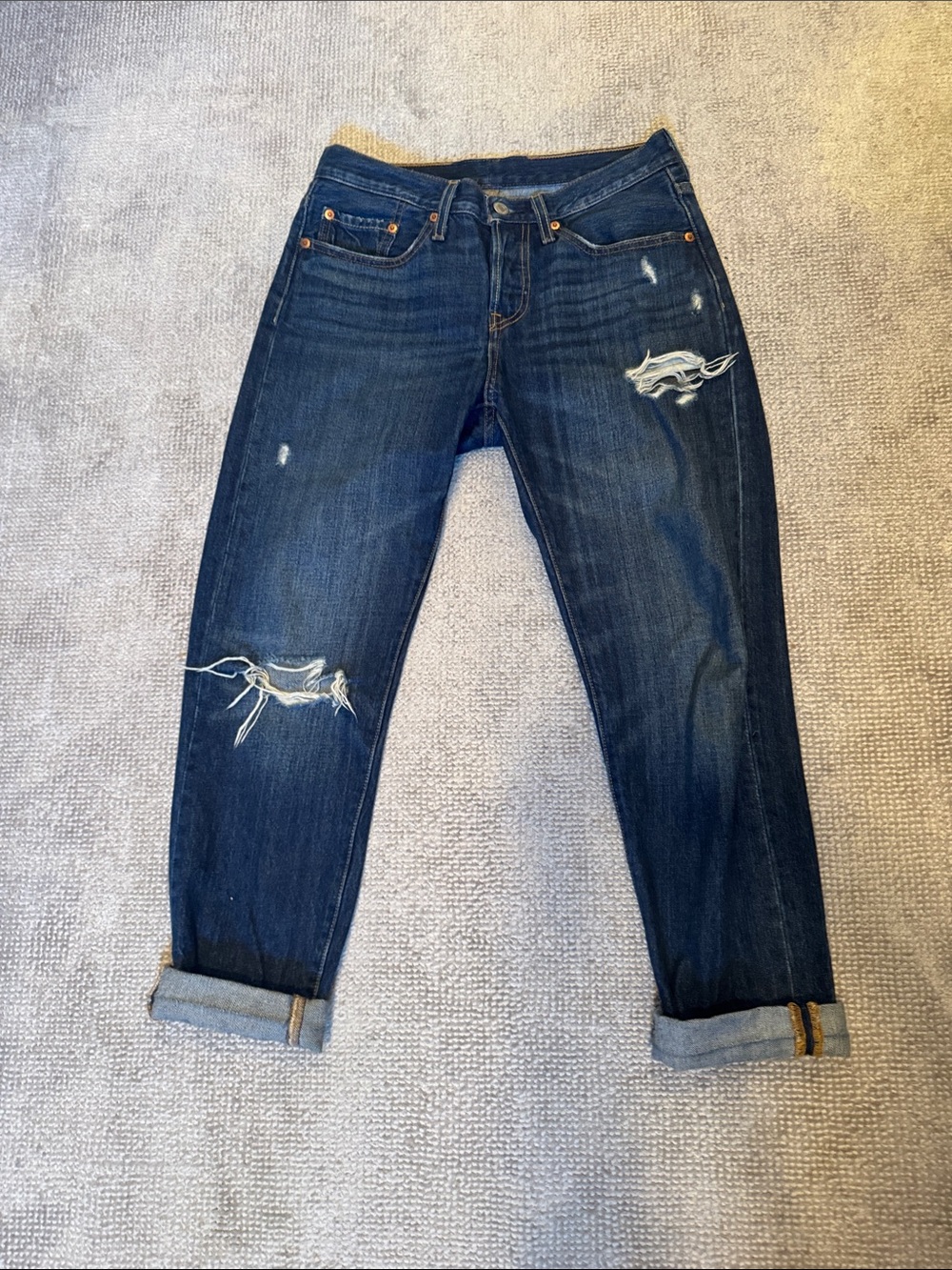 Levi's Dark Blue Distressed Boyfriend Jeans 501T